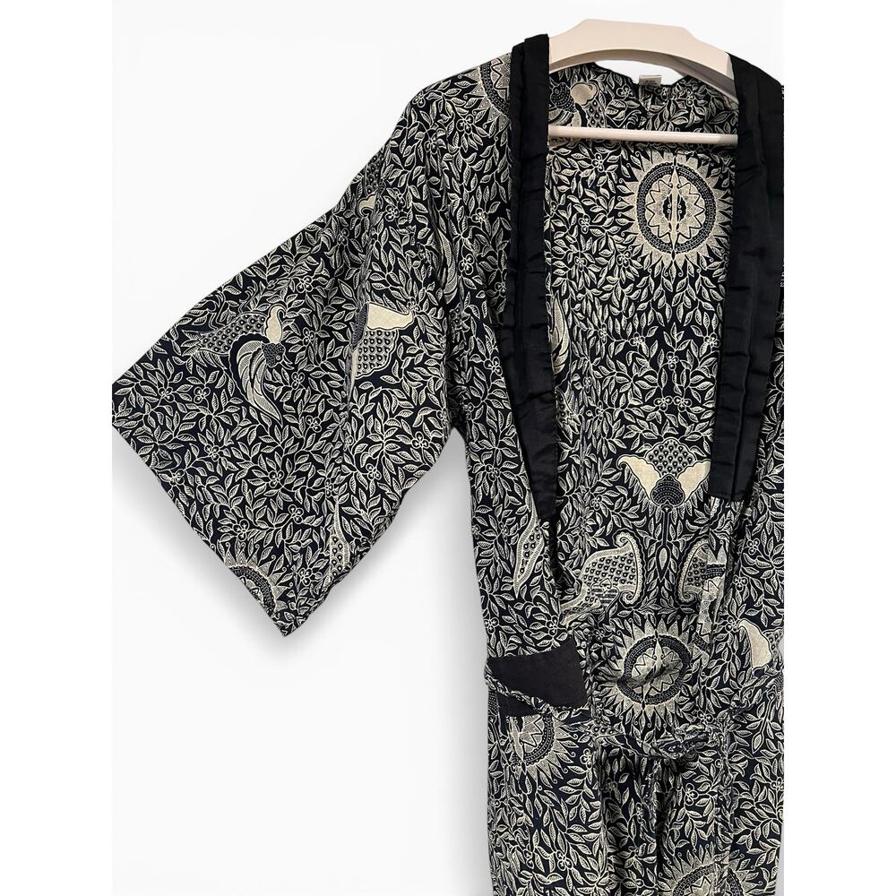 Bali Bagus Batik Boho Short Cotton Robe Kimono Coverup S/M Black White - Picture 4 of 8